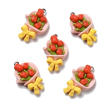 Honeyhandy Opaque Resin Pendants, with Platinum Tone Iron Loops, Tulip, Orange Red, 31x20x7.5mm, Hole: 2mm