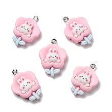 Honeyhandy Opaque Resin Pendants, with Platinum Tone Iron Loops, Flower with Rabbit, Pink, 27.5x19.5x7mm, Hole: 2mm