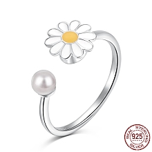 Honeyhandy Rhodium Plated 925 Sterling Silver Open Finger Rings, with Enamel & 925 Stamp for Women, Daisy Flower Anxiety Worry Fidget Spinner Ring, Real Platinum Plated, 1.6mm, US Size 7(17.3mm)