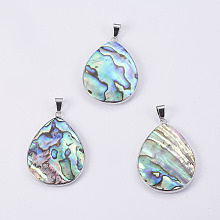 Abalone Shell/Paua ShellPendants, with Platinum Tone Brass Bail, teardrop, 45x31.5x4.5~6mm, Hole: 4.5x8mm