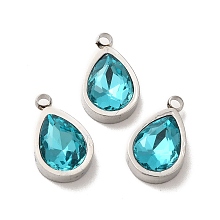 Honeyhandy 304 Stainless Steel Pendants, with Dark Turquoise Glass, Teardrop Charms, Stainless Steel Color, 12x7x4mm, Hole: 1.5mm