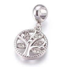 Honeyhandy 304 Stainless Steel European Dangle Charms, Large Hole Pendants, with Rhinestone, Flat Round with Tree, Stainless Steel Color, 26mm, Hole: 4mm, Pendant: 16.5x14x2.5mm