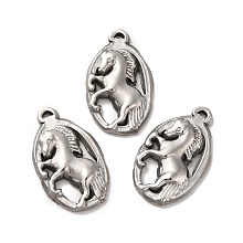 Honeyhandy 304 Stainless Steel Pendants, Oval with Horse Charms, Stainless Steel Color, 26.5x15.5x3mm, Hole: 1x2mm