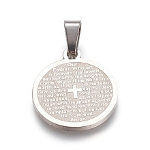 Honeyhandy 304 Stainless Steel Pendants, Flat Round with Lord's Prayer Cross, Stainless Steel Color, 21x18x1.5mm, Hole: 6x4mm