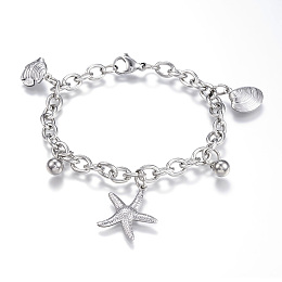 Honeyhandy 304 Stainless Steel Charm Bracelets, Starfish/Sea Stars & Shell, Stainless Steel Color, 7-1/2 inch(190mm)x6mm