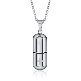 Honeyhandy 316L Stainless Steel Pill with Cross Urn Ashes Pendant Necklace with Cable Chains, Memorial Jewelry for Men Women, Stainless Steel Color, 19.69 inch(50cm)