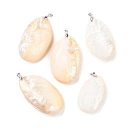 Natural Freshwater Shell Big Pendants, Oval Charms with Metal Pinch Bails, Moccasin, 50.5~63x30.5~38x15.5~19.5mm, Hole: 5.5x4mm