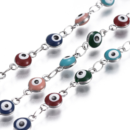 Honeyhandy 304 Stainless Steel Link Chains, with Enamel, Soldered, Flat Round with Evil Eye, Stainless Steel Color, Mixed Color, 9x4.5x2.5~3mm