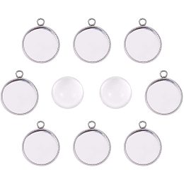 UNICRAFTALE 10 Sets Cabochon Pendant Jewelry Making, 12mm Stainless Steel Pendant with Glass Cabochon, Flat Round Pendant Setting for DIY Pendant Necklace Making, Hole 1.6mm