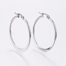 Honeyhandy 304 Stainless Steel Hoop Earrings, Hypoallergenic Earrings, Flat Ring Shape, Stainless Steel Color, 34~36mm, Pin: 0.7x1mm