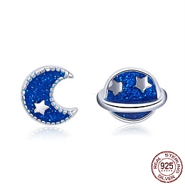 Honeyhandy Rhodium Plated 925 Sterling Silver Enamel Stud Earrings, Asymmetrical Earrings, Moon & Sun, with 925 Stamp, Real Platinum Plated , Dodger Blue, 7x6mm, 6x8mm