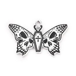 Honeyhandy Halloween Alloy Enamel Pendants, Butterfly with Skull, Platinum, 19x30x1mm, Hole: 2mm