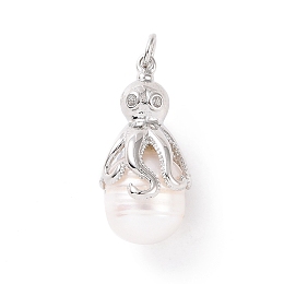 Honeyhandy Shell Pearl Pendants, with Brass Pave Clear Cubic Zirconia Findings, Cadmium Free & Lead Free, Long-Lasting Plated, Oval with Octopus Charm, Platinum, 22~32x11x13mm, Hole: 3mm