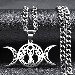 Honeyhandy Non-Tarnish 304 Stainless Steel Triple Goddess Pendant Necklaces, Curb Chains Necklaces for Women Men, Stainless Steel Color, 19.41 inch(49.3cm)