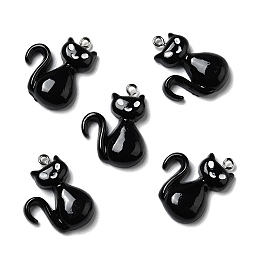 Honeyhandy Halloween Opaque Resin Pendants, with Platinum Tone Iron Loops, Cat, Black, 28x21x6mm, Hole: 2mm