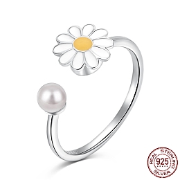 Honeyhandy Rhodium Plated 925 Sterling Silver Open Finger Rings, with Enamel & 925 Stamp for Women, Daisy Flower Anxiety Worry Fidget Spinner Ring, Real Platinum Plated, 1.6mm, US Size 7(17.3mm)