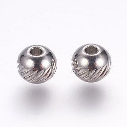 Honeyhandy 304 Stainless Steel Beads, Round with Twill, Stainless Steel Color, 6x5mm, Hole: 1.5mm