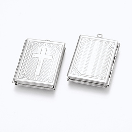 Honeyhandy 316 Stainless Steel Locket Pendants, Photo Frame Charms for Necklaces, Rectangle with Cross, Stainless Steel Color, 39.5x27x5.5mm, Hole: 2.4mm, Inner Size: 18.5x29mm