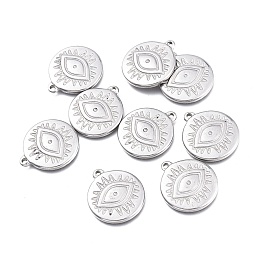 Honeyhandy 304 Stainless Steel Pendants, Flat Round with Evil Eye, Stainless Steel Color, 19.5x17x2.5mm, Hole: 1.4mm