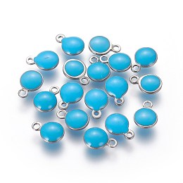 Arricraft 304 Stainless Steel Enamel Charms, Enamelled Sequins, Flat Round, Stainless Steel Color, Light Sky Blue, 13.5x10x3.5~4mm, Hole: 1.4mm