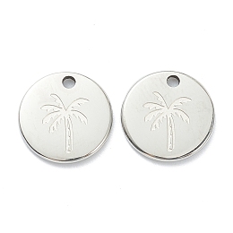 Honeyhandy 304 Stainless Steel Charms, Flat Round with Coconut Tree, Stainless Steel Color, 11.5x1mm, Hole: 1.5mm