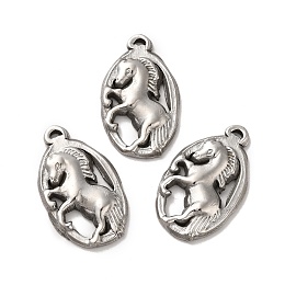 Honeyhandy 304 Stainless Steel Pendants, Oval with Horse Charms, Stainless Steel Color, 26.5x15.5x3mm, Hole: 1x2mm