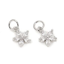 Honeyhandy Brass Micro Pave Cubic Zirconia Charms, with Jump Rings, Flower, Clear, Platinum, 9.5x7.8x2.5mm, Jump Rings: 4.8x0.8mm, 3.2mm Inner Diameter