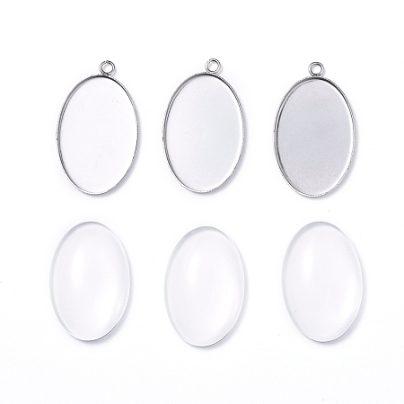 Honeyhandy DIY Pendant Making, with 304 Stainless Steel Pendant Cabochon Settings and Transparent Oval Glass Cabochons, Stainless Steel Color, Cabochons: 30x20x6mm, 1pc/set, Settings: 35x21x1.5mm, hole: 2mm, 1pc/set