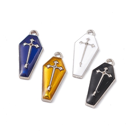 Honeyhandy Alloy Enamel Pendants, Coffin with Cross Charm, Platinum, Mixed Color, 26x11.5x3mm, Hole: 1.8mm
