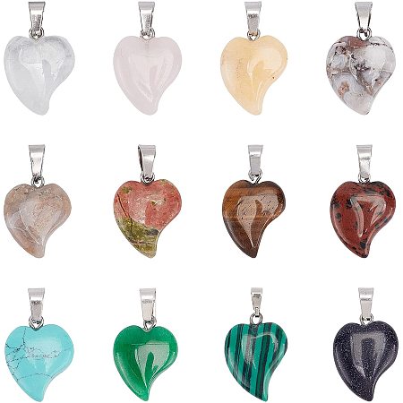 Pandahall Elite 12pcs Heart Stone Pendants Synthetic Gemstones Pendants Crystal Quartz Chakra Stone Charms for Necklace Earring Jewelry Making Valentine's Day Wedding