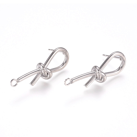 Honeyhandy Brass Stud Earring Findings, with 316 Surgical Stainless Steel Pin and Loop, Knot, Platinum, 32x11x8mm, Hole: 2.2mm, Pin: 0.7mm