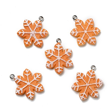 Opaque Resin Pendants, with Platinum Tone Iron Loops, Imitation Gingerbread, Christmas Theme, Snowflake, Sandy Brown, 29x24.5x3.5mm, Hole: 2mm
