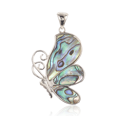 Natural Abalone Shell/Paua ShellPendants, with Brass Findings, Butterfly, 44x30x2.5mm, Hole: 5x7.5mm