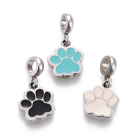Honeyhandy 304 Stainless Steel Enamel Charms, Paw Print, Stainless Steel Color, Mixed Color, 14.4mm, Charm: 8.2x7.2x1.8mm, Hole: 2.5mm
