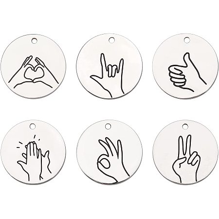 SUPERFINDINGS 6pcs 6 Patterns 25mm 316 Surgical Stainless Steel Pendants Stainless Steel Color Flat Round Shaped Charms Sign Language Interpreter Charm Pendants for DIY Pendant Jewelry Craft