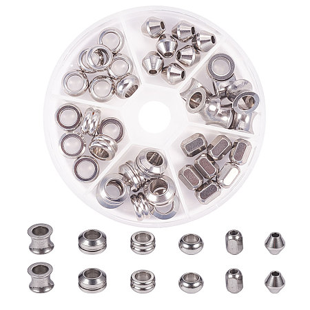 PandaHall Elite 42 Pcs 304 Stainless Steel Rondelle Column Bicone Spacer Beads 6 Styles for Jewelry Making