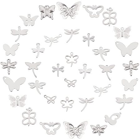 SUNNYCLUE 1 Box 40Pcs 20 Styles Dragonfly Charms Bulk Butterfly Pendants Flying Animal Insect Stainless Steel Charm for DIY Jewelry Making Bracelets Necklaces Crafts Supplies, Silver