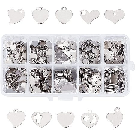 UNICRAFTALE About 600pcs 10 Sizes Heart Metal Charms Stainless Steel Charm Blank Tag Pendants for DIY Jewelry Making, 1-2.5mm Hole Stainless Steel Color