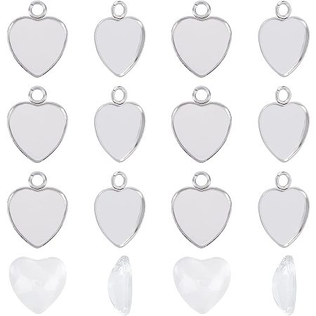 UNICRAFTALE about 50 Sets Heart Pendant Bezels with Glass Cabochons 12x12mm Heart Blanks Stainless Steel Charms Pendant Cabochon Settings for DIY Jewelry Making, Stainless Steel Color
