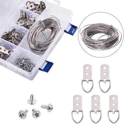 NBEADS 1 Box Platinum Color Picture Hangers Kit Photo Frame Hanging Iron Tool Kits Assortment Steel Wire Screw D-Ring Home Decoration
