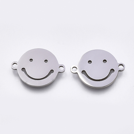 Honeyhandy 201 Stainless Steel Links connectors, Laser Cut Links, Flat Round with Smiling Face, Stainless Steel Color, 12.5x16.5x1mm, Hole: 1.5mm