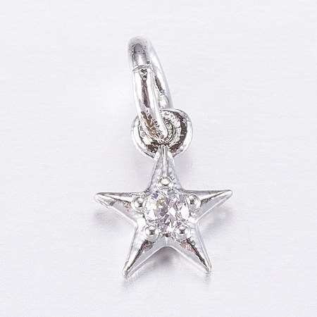 Honeyhandy Brass Micro Pave Cubic Zirconia Charms, Star, Platinum, 8x6x2mm, Hole: 3mm