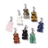 Natural Mixed Stone Pendants, with Stainless Steel Color Tone 201 Stainless Steel Findings, Bear, Mixed Dyed and Undyed, 27.5mm, Hole: 2.5x7.5mm, Bear: 21x11x6.5mm