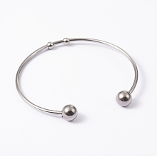 Honeyhandy Fashion 304 Stainless Steel Cuff Bangles Torque Bangles, End with Immovable Round Beads, Stainless Steel Color, 50~65mm