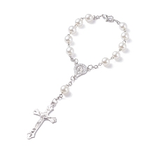 Honeyhandy Religious Prayer Imitation Pearl Beaded Rosary Bracelet, Virgin Mary Crucifix Cross Long Charm Bracelet for Easter, Platinum, 7-1/2 inch(18.9cm)