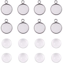 UNICRAFTALE 10 Sets Pendant Cabochon Jewelry Sets, 12mm Stainless Steel Pendant with Clear Glass Cabochon, Flat Round Pendant Setting for DIY Pendant Necklace Making, Hole 2mm