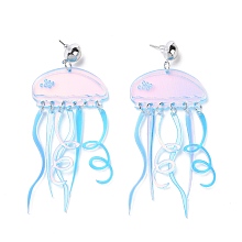 Honeyhandy Acrylic Jellyfish Dangle Stud Earrings, Brass Long Drop Earrings for Women, Cyan, 81.5mm, Pin: 0.6mm