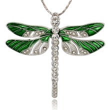 Honeyhandy Platinum Alloy Enamel Dragonfly Big Pendants, with Rhinestone, Green, 57x64x5mm, Hole: 2mm