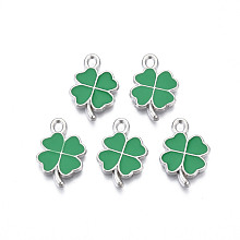 Honeyhandy Rack Plating Alloy Enamel Pendants, Cadmium Free & Nickel Free & Lead Free, Clover, Platinum, Green, 19x13x1.5mm, Hole: 1.6mm