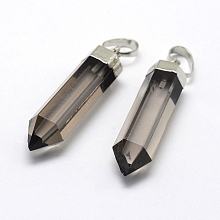 Honeyhandy Natural Smoky Quartz Pointed Pendants, with Brass Findings, Dyed & Heated, Long-Lasting Plated, Bullet, Silver, 28.5~29x6.5mm, Hole: 3.5x6mm